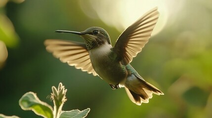 Fototapeta premium Hummingbird in Flight Against a Green Blurred Background