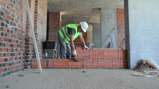 Bricklayer Building Interior Wall at Construction Site. A construction worker focused on building an interior brick wall in a partially constructed building.