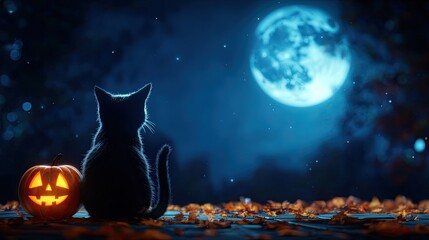 Fototapeta premium A mysterious black cat sits beside a glowing pumpkin under a full moon, evoking Halloween enchantment and autumn spirit.