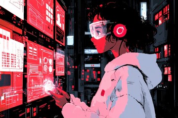 Fototapeta premium Young Woman Interacting with Digital Interface in Neon-Lit Cityscape