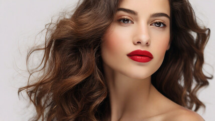 Fototapeta premium Close up studio portrait of natural beautiful woman with red lipstick