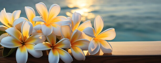 Fototapeta premium A serene view of beautiful plumeria flowers against a sparkling ocean backdrop, perfect for nature and tropical themes.
