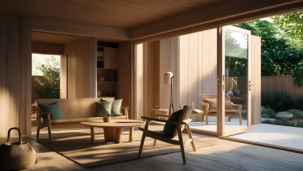 Fototapeta premium A contemporary room with natural wooden furniture