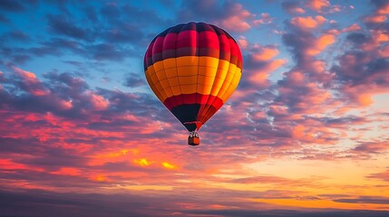 Obraz premium Colorful Hot Air Balloon Ascending in a Dramatic Sunset Sky