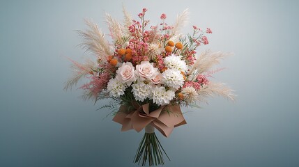   A white, pink, and orange flower bouquet on a blue background with a bow at the base