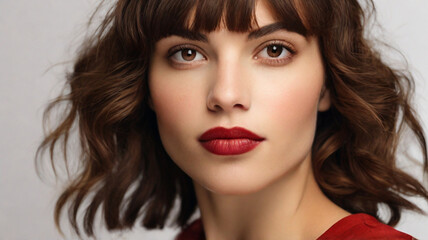 Fototapeta premium Close up studio portrait of natural beautiful woman with red lipstick