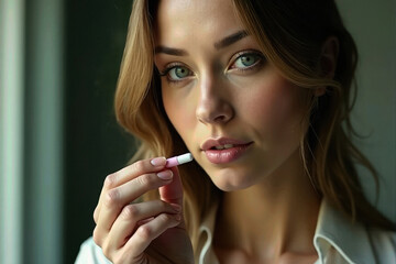 Fototapeta premium A sick girl making a hard decision with contraceptive pills in hand, feeling the weight of her choice