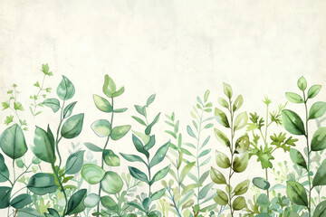Watercolor illustration of various green plants and leaves arranged in a soft botanical composition for a fresh and natural design concept.