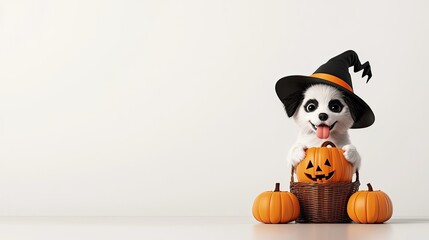 Adorable puppy in a witch hat with a pumpkin bucket, perfect for Halloween themed decorations and pet photography.