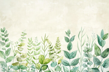 Watercolor illustration of various green plants and leaves in a soft botanical composition for a fresh and tranquil design concept.