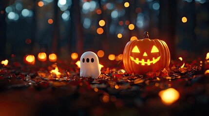 Charming Halloween scene with a glowing pumpkin and a cute ghost, surrounded by colorful leaves and soft lights in a spooky forest.