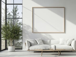 Minimalist living room interior with white sofa, potted plant and blank frame for mockup.