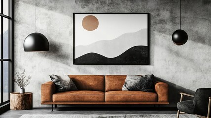 Minimalist living room interior with a brown leather sofa and abstract art on the wall.