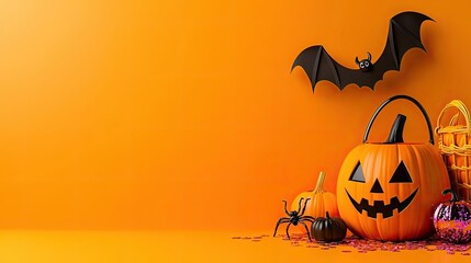 Festive Halloween scene featuring a carved pumpkin, spider, and bat against a vibrant orange backdrop for holiday decoration.
