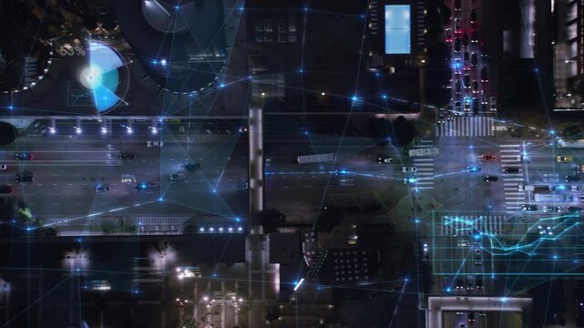 Aerial View Of Futuristic City Intersection At Night. Augmented Reality Interfaces Overlay Real time Data, Connections, Financial Elements and Charts Enhancing Urban Management Through Technology - Powered by Adobe