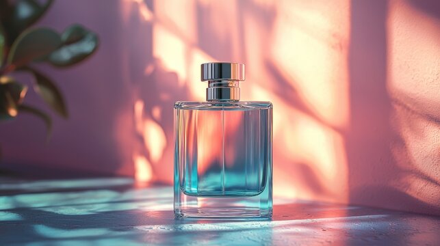 Ultra-realistic 3D perfume bottle mockup, designed with precision and attention to detail. The bottle high-quality glass reflects light beautifully, enhancing its luxurious appearance. Set against an
