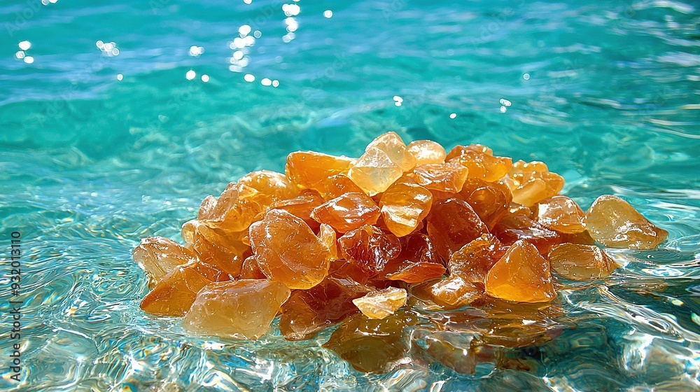 Wall mural a sea glass pile rests atop blue water, surrounded by another body of water