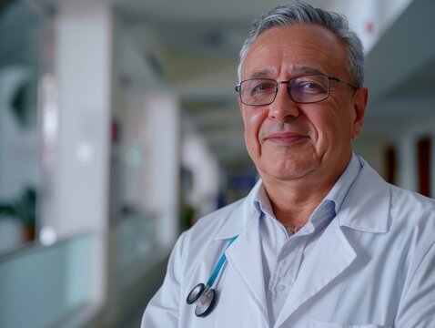 Portrait of a confident senior doctor smiling in a professional healthcare setting, wearing a stethoscope and dressed in business attire