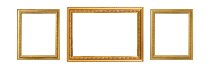 Golden frame vintage style for photo or painting isolated on transparent background PNG file.