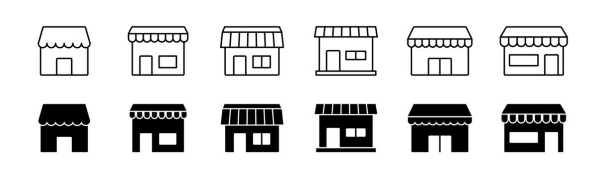 Store icon set. Line and glyph store shop vector. Outline marketplace building