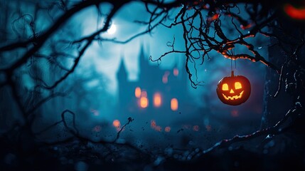 Spooky Halloween scene featuring a glowing jack-o'-lantern, haunted castle, and eerie fog, perfect for festive decorations.