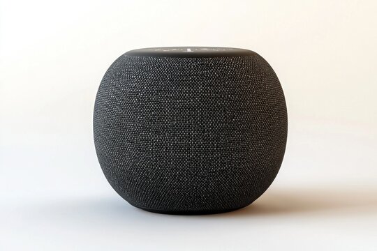 Realistic 3D rendering of a smart speaker standing on an isolated white background. The speaker is detailed with a fabric exterior and modern design, making it perfect for tech-related projects or