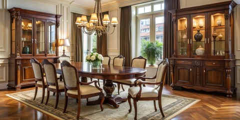 Obraz premium Elegant dining room with dark wood classical furniture, elegant, dining room, dark wood, classical, furniture