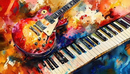 Abstract colorful guitar and piano keyboard. Watercolor illustration painting. Generative Ai