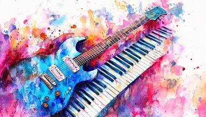 Abstract colorful guitar and piano keyboard. Watercolor illustration painting. Generative Ai