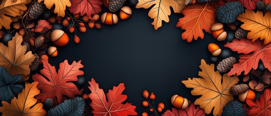 A vibrant autumn background featuring colorful leaves and acorns, perfect for seasonal projects and fall-themed designs.