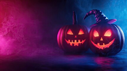 Two spooky Halloween pumpkins with glowing faces, perfect for festive decorations and autumn celebrations.