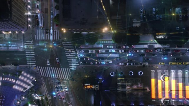 Overhead Aerial View Of A City Intersection With Futuristic Technology. Augmented Reality and Financial Interfaces Highlight Traffic Patterns And Connections, Integrating Social Media And Data.