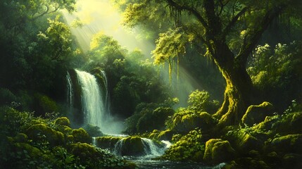 Fototapeta premium Lush Rainforest Landscape with Hidden Waterfall and Shafts of Sunlight