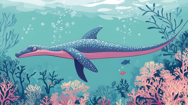 Mystical Elasmosaurus in Vector Art Style with Mint Green Underwater Background and Coral Blue Color Palette