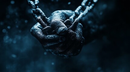 Chains are broken, symbolizing liberation from constraints in a dark setting
