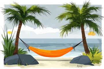 Fototapeta premium Relaxing Hammock Under Palm Trees on the Beach