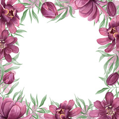 Purple flowers and green leaves watercolor illustration on white. Carolina allspice, Calycanthus square frame with copy space for text. Blooming tropical plant for designing invitation, greeting