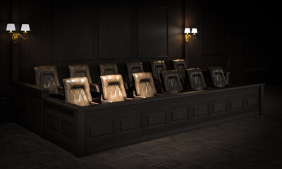 Empty jury box in dark courtroom awaiting jury members