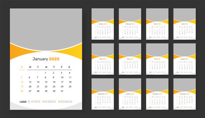 2025 Wall calendar template, corporate 12 month wall calendar 2025 schedule, week starts on Sunday, Simple vertical calendar design template.