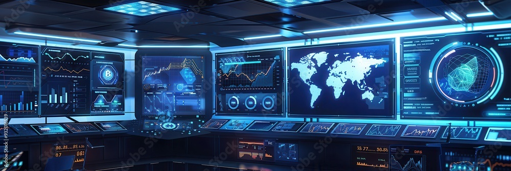Leinwandbilder A cryptocurrency exchange interface showcases market values and trading data across multiple screens in a high-tech setting. Generative AI
