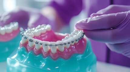 Orthodontic Procedure - Tiny Specialists Applying Braces on Large Teeth in Purple Scrubs, Macro Dental Arch Model Shot