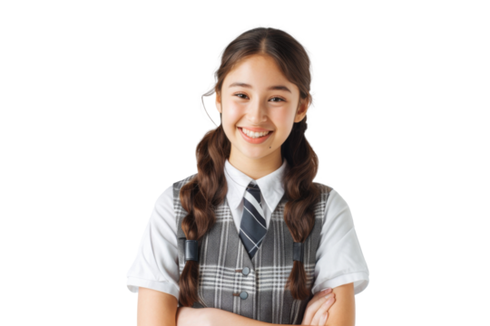 Charming portrait of young girl in her school uniform, smiling brightly and ready for the start of the school year, isolated on a transparent PNG background.