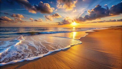 Serene beach at sunrise with soft waves and golden sand , beach, sunrise, serene, waves, golden, sand, tranquil, peaceful, ocean