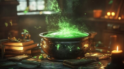 A witch's cauldron bubbling with green potion, with spell books and magical ingredients scattered around.