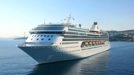 A magnificent cruise ship sails gracefully on calm blue waters under clear, sunny skies