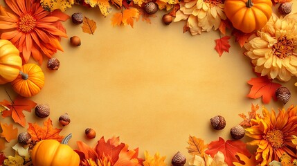A vibrant autumn frame decorated with orange pumpkins, flowers, and leaves, perfect for seasonal themes and festive designs.