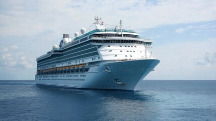 A magnificent cruise ship sails gracefully on calm blue waters under clear, sunny skies