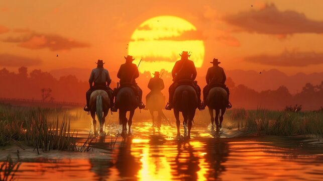Silhouettes of Cowboys Riding Through a River at Sunset