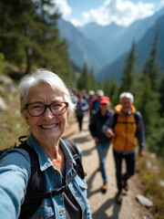 An elderly woman wearing glasses and a backpack smiles brightly as she hikes along a scenic mountain trail with a group of fellow hikers, embodying adventure, vitality, and the joy of outdoor explorat