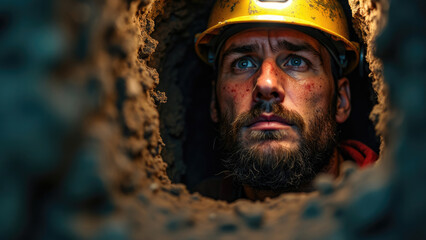 Obraz premium A determined miner sporting a hardhat peers through a narrow tunnel, with a focused look on his dirt-smudged face, epitomizing hard work and resilience in challenging environments.